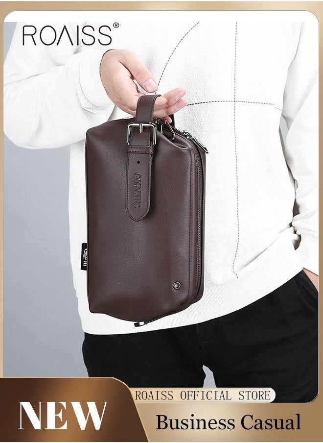 roaiss Business Men's Clutch Bag Large Capacity Leisure Clip Bag Trendy Men's Soft Leather Clutch Bag  - Image 1