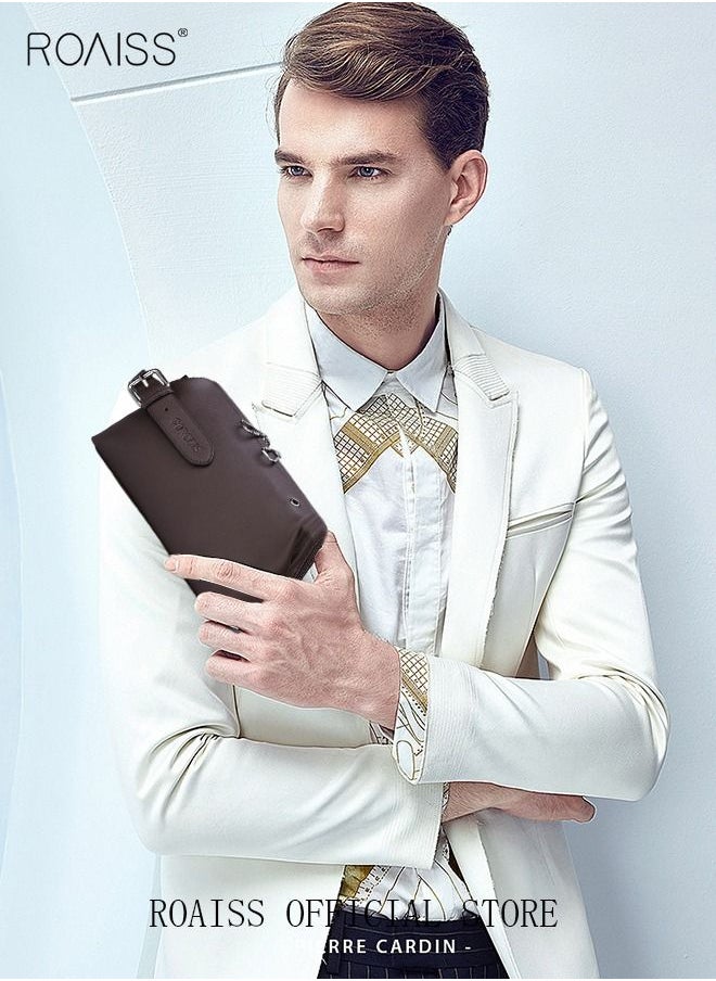 roaiss Business Men's Clutch Bag Large Capacity Leisure Clip Bag Trendy Men's Soft Leather Clutch Bag  - Image 4