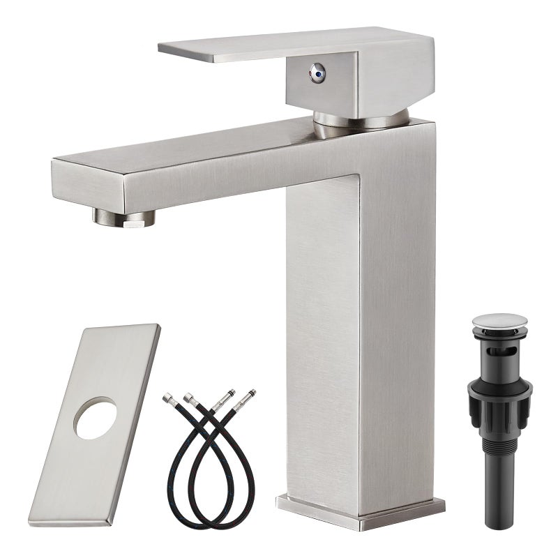Heyalan Bathroom Faucet 1 HoleSingle Handle Bathroom Sink Faucet Modern Stainless Steel with Pop Up Drain Stopper Water Supply HosesBrushed Nickel