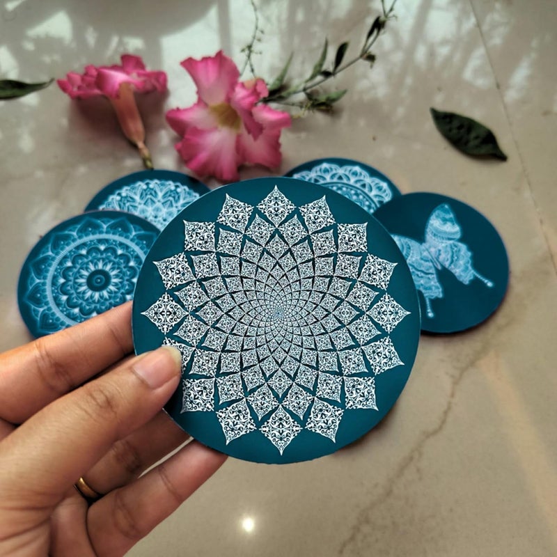 Mila Homes Mandala Design Coasters with Tray Coaster Set Fit for Tea Cups Coffee Mugs Glasses Home Decor Set of 6 Durable and Long Lasting Teal Green Mandala - Image 4