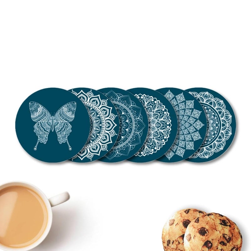 Mila Homes Mandala Design Coasters with Tray Coaster Set Fit for Tea Cups Coffee Mugs Glasses Home Decor Set of 6 Durable and Long Lasting Teal Green Mandala - Image 1