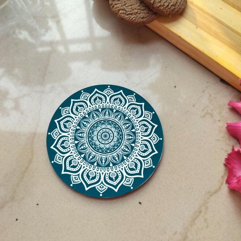 Mila Homes Mandala Design Coasters with Tray Coaster Set Fit for Tea Cups Coffee Mugs Glasses Home Decor Set of 6 Durable and Long Lasting Teal Green Mandala - Image 2