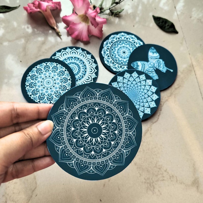 Mila Homes Mandala Design Coasters with Tray Coaster Set Fit for Tea Cups Coffee Mugs Glasses Home Decor Set of 6 Durable and Long Lasting Teal Green Mandala - Image 5