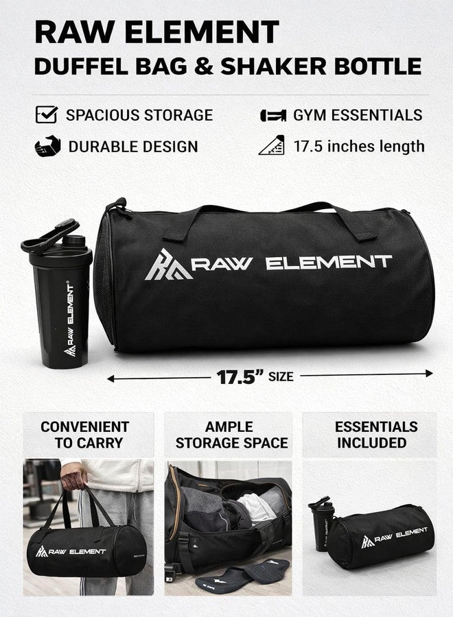 RAW ELEMENT Gym Duffel Bag with Protein Shaker Bottle | Multipurpose Sports Bag for Gym, Travel & Workout | Durable Zipper & Adjustable Strap | (All Black) - Image 3