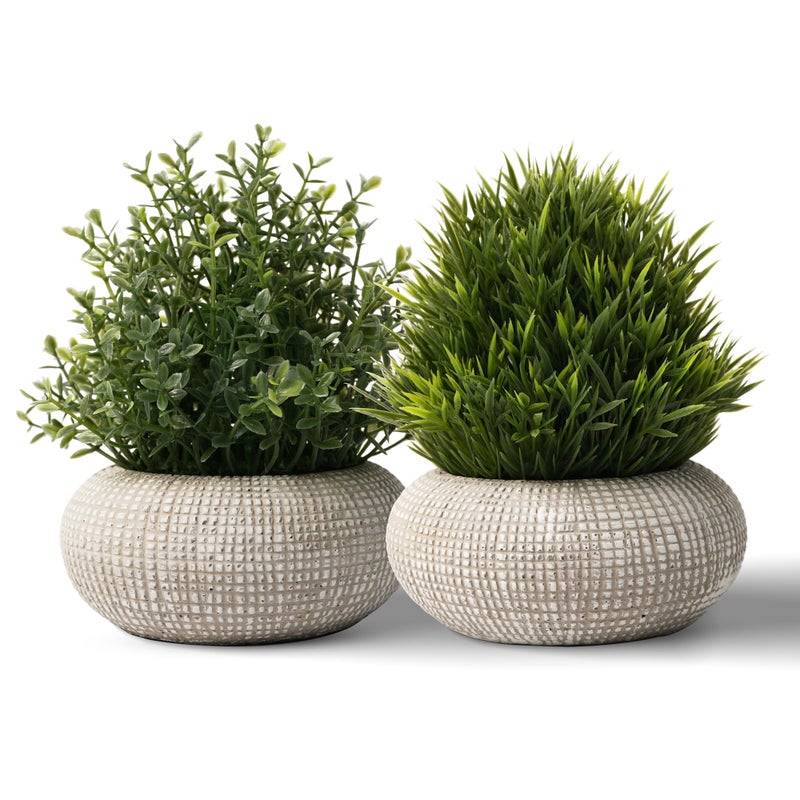 PENGYEE 2 Pack Small Fake Plants in Cement Planter for Bathroom Decor, 6.1/5.7 Inch Artificial Plants Indoor, Small Faux Plants Indoor for Home Room Bedroom Farmhouse Kitchen Office Decor - Boxwood - Image 1