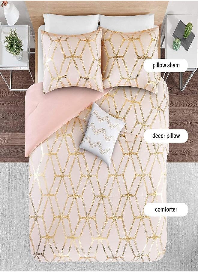 Comfort Spaces Comfort Spaces Vivian Comforter Set Ultra Soft All Season Lightweight Modern Geometric Glam Metallic Print Bedding, Matching Sham, Decorative Pillow, Full/Queen, Geometric Blush/Gold  - Image 1