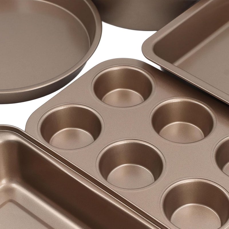 6pcs Carbon Steel Baking Set, Loose Bottom Cake Pizza Bread Pan, Anti Stick Coating for Home Kitchen - Durable Construction, Even Heat Distribution, Versatile Bakeware Collection (Gold) - Image 3