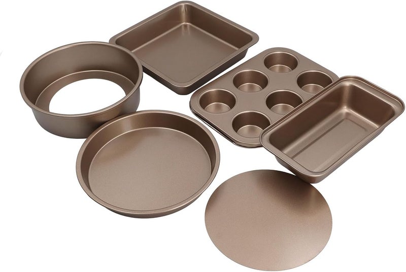 6pcs Carbon Steel Baking Set, Loose Bottom Cake Pizza Bread Pan, Anti Stick Coating for Home Kitchen - Durable Construction, Even Heat Distribution, Versatile Bakeware Collection (Gold) - Image 5