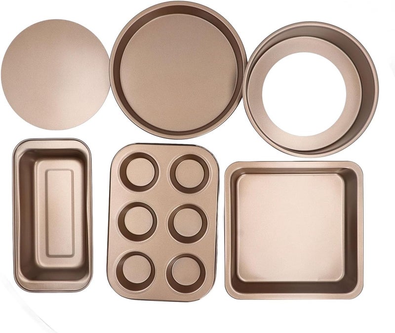 6pcs Carbon Steel Baking Set, Loose Bottom Cake Pizza Bread Pan, Anti Stick Coating for Home Kitchen - Durable Construction, Even Heat Distribution, Versatile Bakeware Collection (Gold) - Image 1