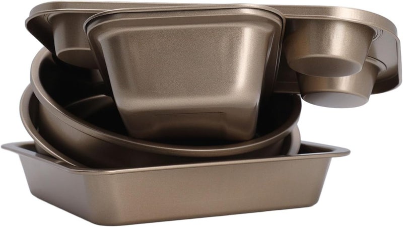 6pcs Carbon Steel Baking Set, Loose Bottom Cake Pizza Bread Pan, Anti Stick Coating for Home Kitchen - Durable Construction, Even Heat Distribution, Versatile Bakeware Collection (Gold) - Image 2