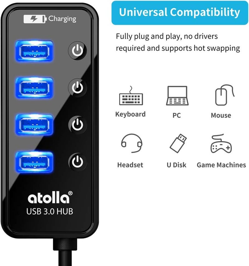atolla 4-Port USB 3.0 Hub with 4 Data Ports, 1 Smart Charging Port, Individual On/Off Switches and 5V/3A Adapter - Image 3