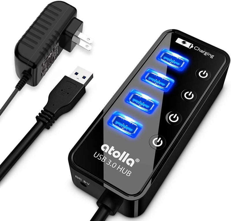 atolla 4-Port USB 3.0 Hub with 4 Data Ports, 1 Smart Charging Port, Individual On/Off Switches and 5V/3A Adapter - Image 1