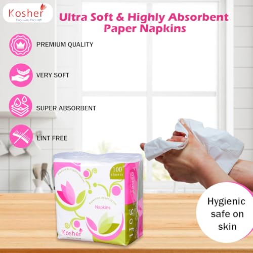 Kosher Premium Tissue Paper Napkin/Dinner Napkin | 100 Sheets X 6 Pack (Total 600 Sheets) | Ultra Soft, High Strength and Quick Absorbent Paper Napkin| Natural Virgin Cellulose Fiber - Image 3
