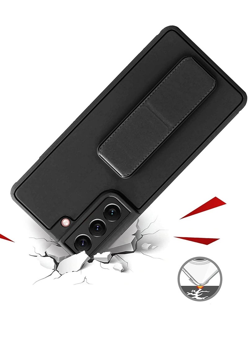 MUNTAQI Premium Quality Silicone Slim PU Leather Kick Back Stand Grip Case Cover with Enhanced Protection of Wrist Strap Hand Band Cover Case for Samsung Galaxy S22 5G (S22 Black) - Image 2
