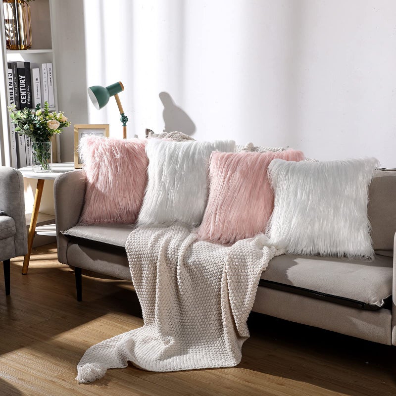 ايرينير Irenare 4 Pack Faux Fur Throw Covers Cover Cushion Cover Cover Fuzzy Case Case Displowcase for Sofa Couch Chair Bed 16 × 16 Inch (Pink White) - Image 4