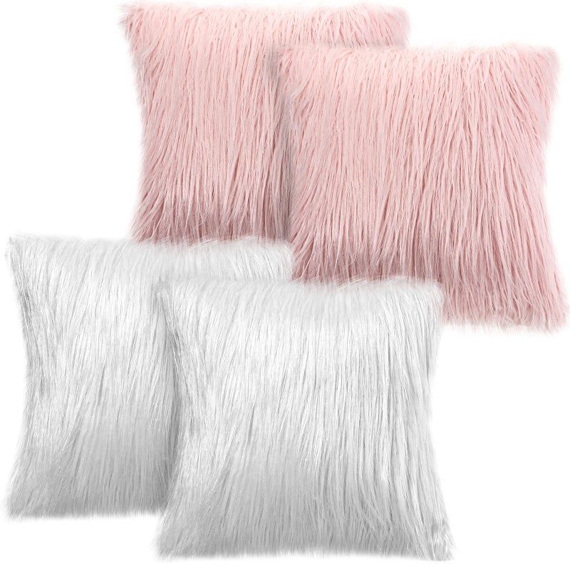 ايرينير Irenare 4 Pack Faux Fur Throw Covers Cover Cushion Cover Cover Fuzzy Case Case Displowcase for Sofa Couch Chair Bed 16 × 16 Inch (Pink White) - Image 1