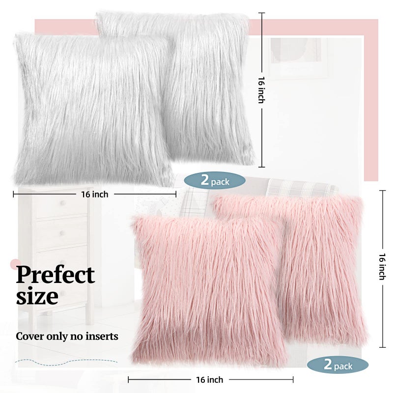 ايرينير Irenare 4 Pack Faux Fur Throw Covers Cover Cushion Cover Cover Fuzzy Case Case Displowcase for Sofa Couch Chair Bed 16 × 16 Inch (Pink White) - Image 2