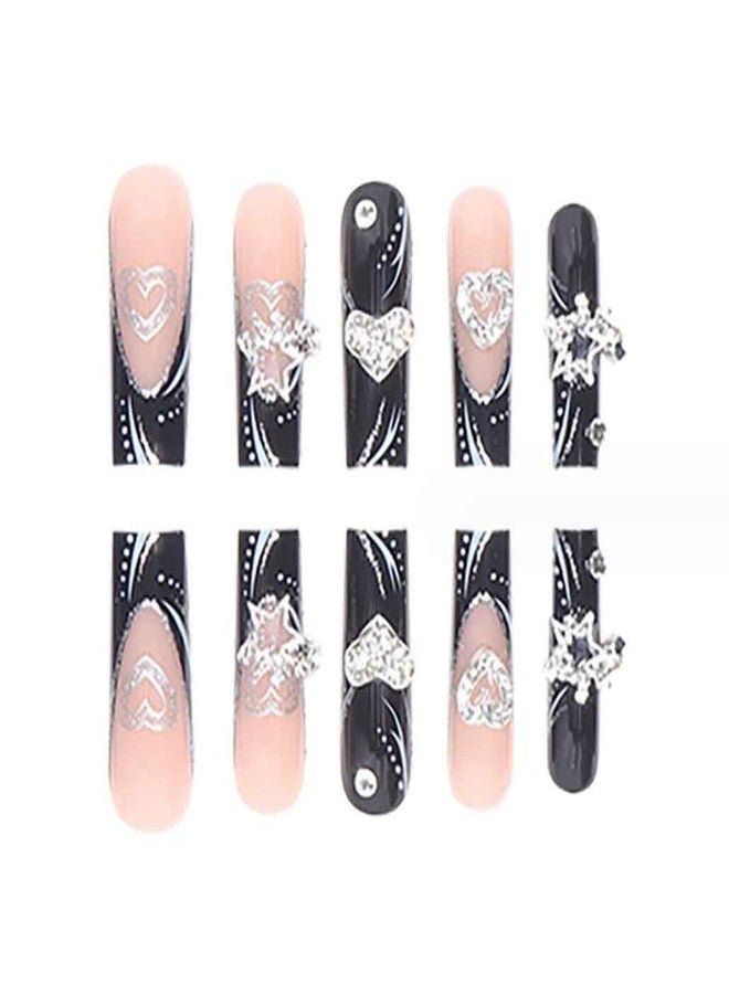 IKISKT Black Nude Press on Nails Long Rhinestone Pink Fake Nails Black Nails Square Bling Glossy 3D Stars Heart False Nail Tips Artificial Nails Finger Manicure for Women and Girls 24pcs/kit - Image 2