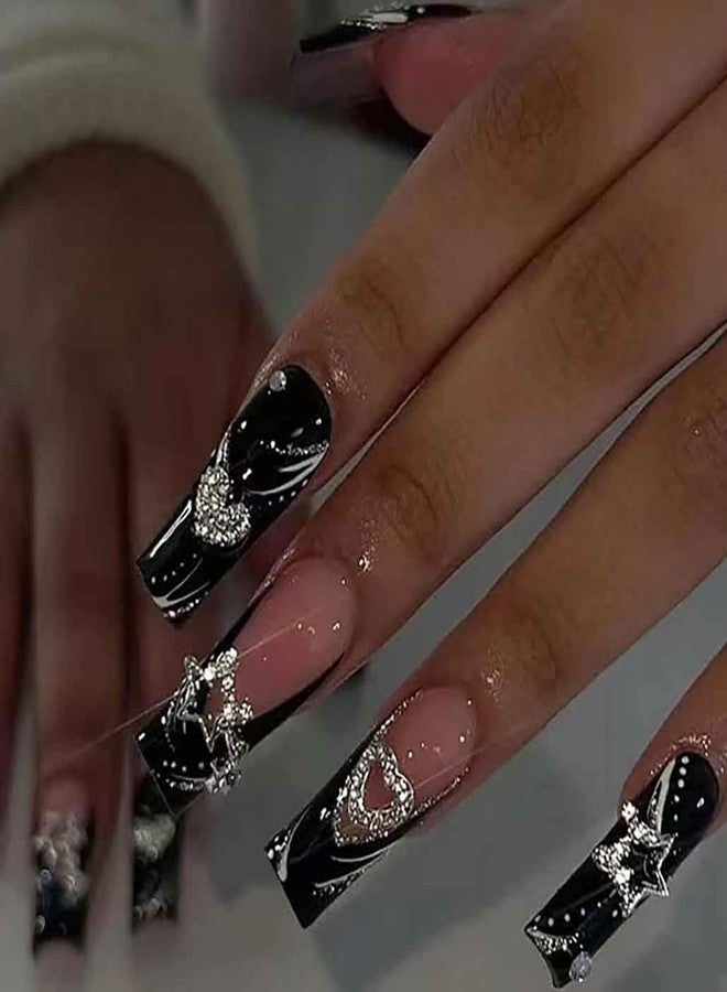 IKISKT Black Nude Press on Nails Long Rhinestone Pink Fake Nails Black Nails Square Bling Glossy 3D Stars Heart False Nail Tips Artificial Nails Finger Manicure for Women and Girls 24pcs/kit - Image 1