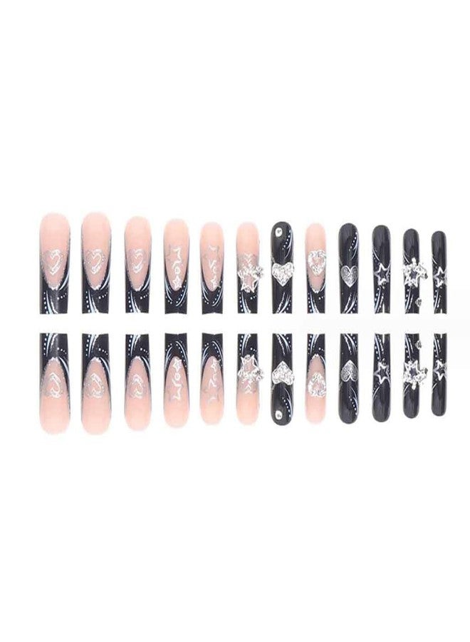 IKISKT Black Nude Press on Nails Long Rhinestone Pink Fake Nails Black Nails Square Bling Glossy 3D Stars Heart False Nail Tips Artificial Nails Finger Manicure for Women and Girls 24pcs/kit - Image 3