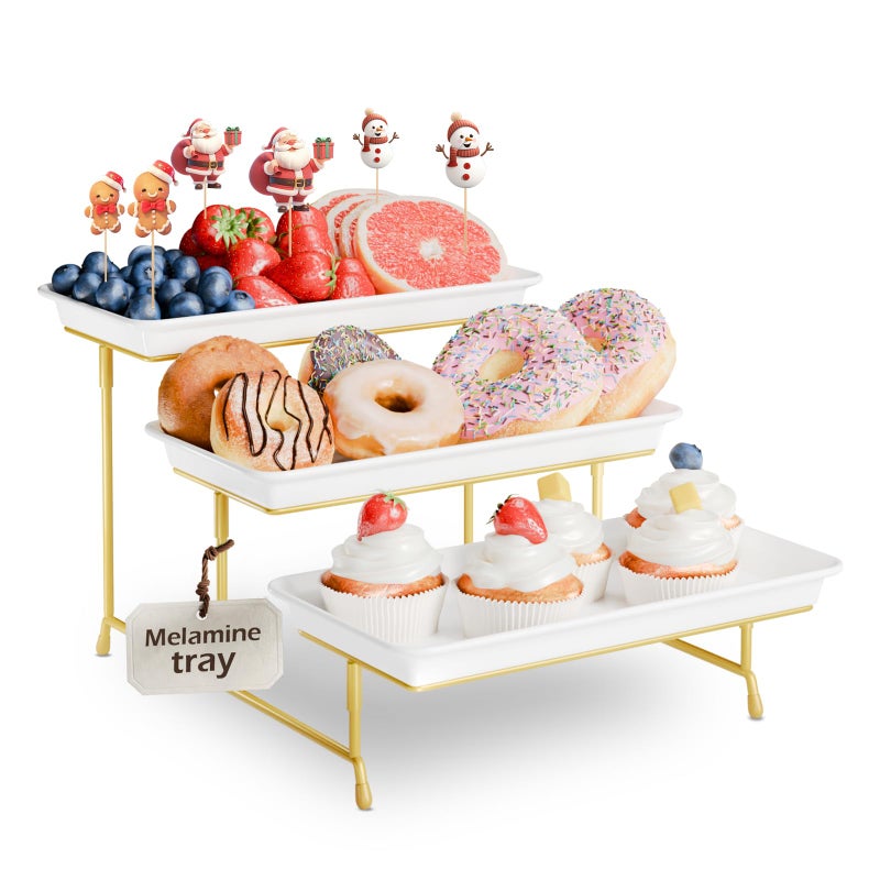 Bumusty 3Tier Melamine Serving Tray Set 115 x 56 Platters for Serving Food Black Reusable Trays with Black Metal Display Stand for Cupcakes Sevring Food Dessert Fruit Cookie Gold - Image 2