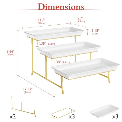 Bumusty 3Tier Melamine Serving Tray Set 115 x 56 Platters for Serving Food Black Reusable Trays with Black Metal Display Stand for Cupcakes Sevring Food Dessert Fruit Cookie Gold - Image 3