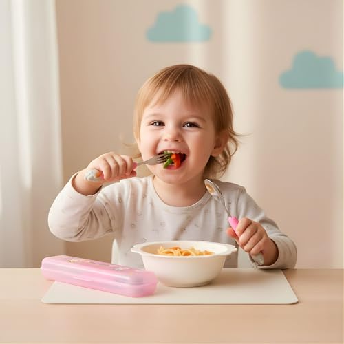 Hian 304 Stainless Steel Kids Spoon & Fork Set – Safe Rounded Edges, Cute Design Easy-Grip Handles, Durable Children’s Cutlery with Carry Case, Pack of 2 (Pink) - Image 3