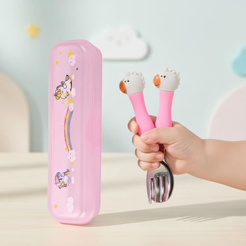 Hian 304 Stainless Steel Kids Spoon & Fork Set – Safe Rounded Edges, Cute Design Easy-Grip Handles, Durable Children’s Cutlery with Carry Case, Pack of 2 (Pink) - Image 5