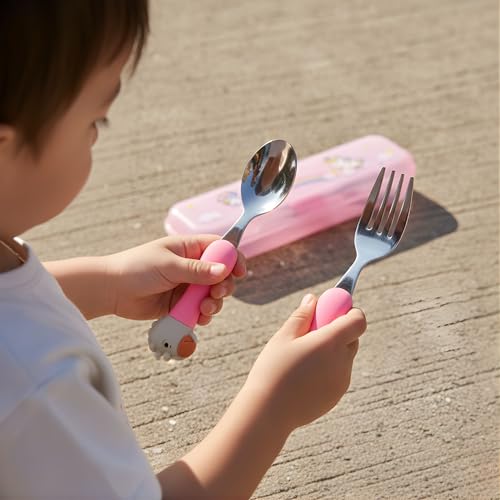 Hian 304 Stainless Steel Kids Spoon & Fork Set – Safe Rounded Edges, Cute Design Easy-Grip Handles, Durable Children’s Cutlery with Carry Case, Pack of 2 (Pink) - Image 4