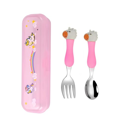 Hian 304 Stainless Steel Kids Spoon & Fork Set – Safe Rounded Edges, Cute Design Easy-Grip Handles, Durable Children’s Cutlery with Carry Case, Pack of 2 (Pink) - Image 1