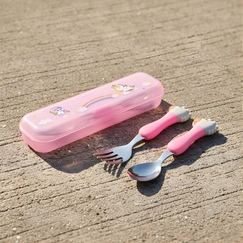 Hian 304 Stainless Steel Kids Spoon & Fork Set – Safe Rounded Edges, Cute Design Easy-Grip Handles, Durable Children’s Cutlery with Carry Case, Pack of 2 (Pink) - Image 2
