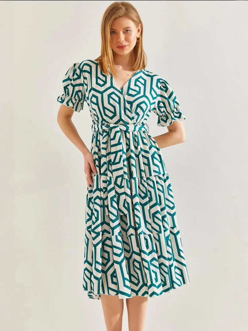 Bianco Lucci Green LUCCI Geometric Pattern V-Neck Midi Dress with Belt for Women | Best Price UAE