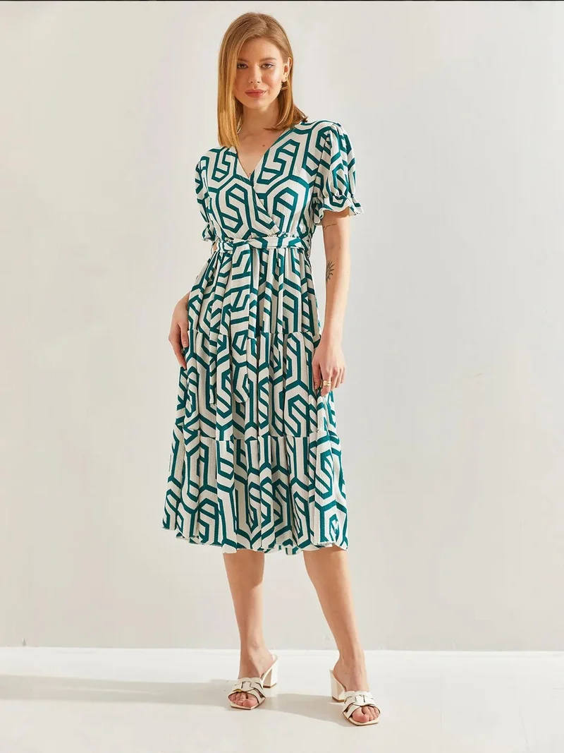 Bianco Lucci Green LUCCI Geometric Pattern V-Neck Midi Dress with Belt for Women | Best Price UAE