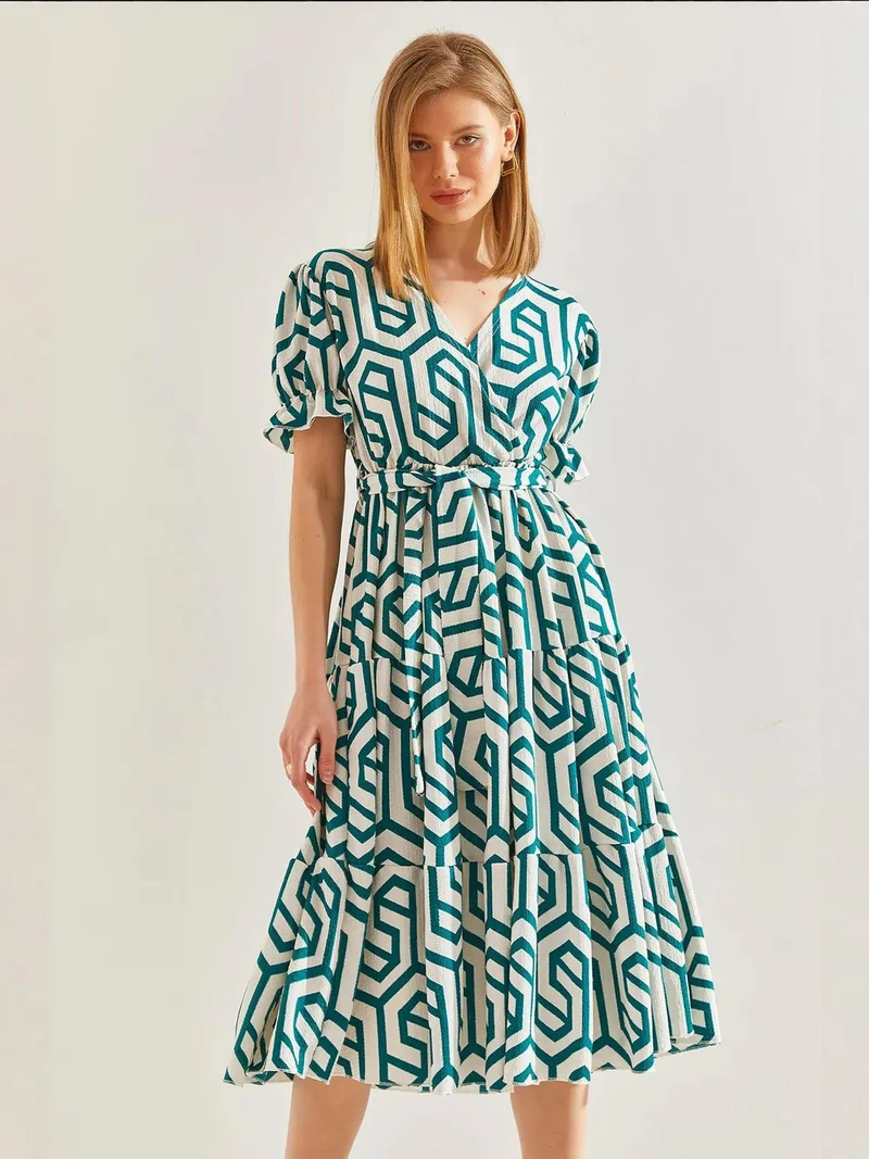 Bianco Lucci Green LUCCI Geometric Pattern V-Neck Midi Dress with Belt for Women | Best Price UAE