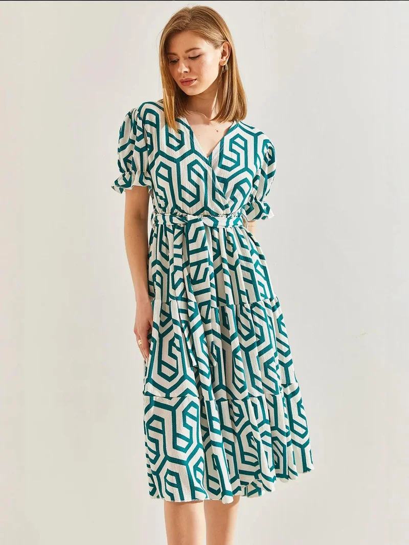 Bianco Lucci Green LUCCI Geometric Pattern V-Neck Midi Dress with Belt for Women | Best Price UAE
