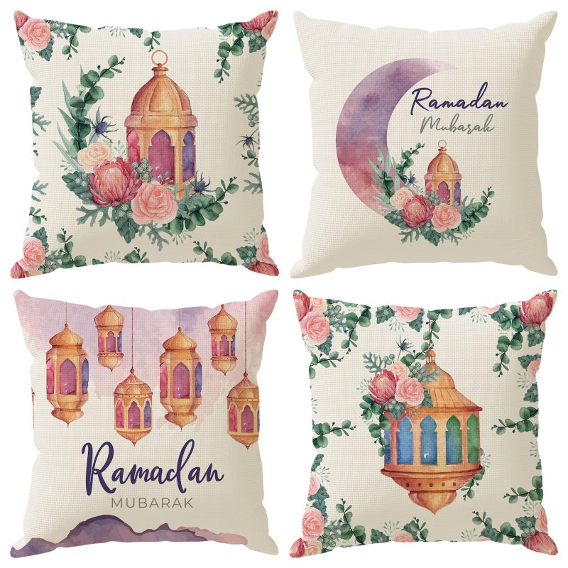 ZAEW Watercolor Lantern Moon Flowers Ramadan Mubarak Pillow Covers Throw Pillow Cases Set of 4 Decorations for Home Sofa Cushion Cover Party Holiday Decor 18x18 Inch - Image 1