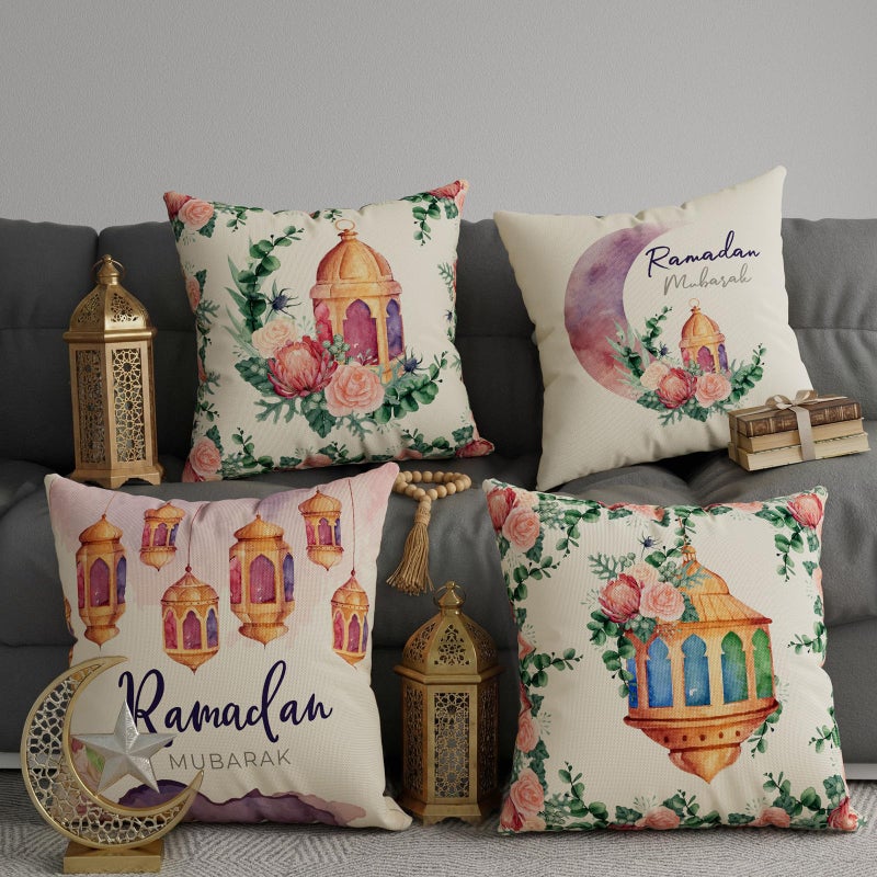 ZAEW Watercolor Lantern Moon Flowers Ramadan Mubarak Pillow Covers Throw Pillow Cases Set of 4 Decorations for Home Sofa Cushion Cover Party Holiday Decor 18x18 Inch - Image 2