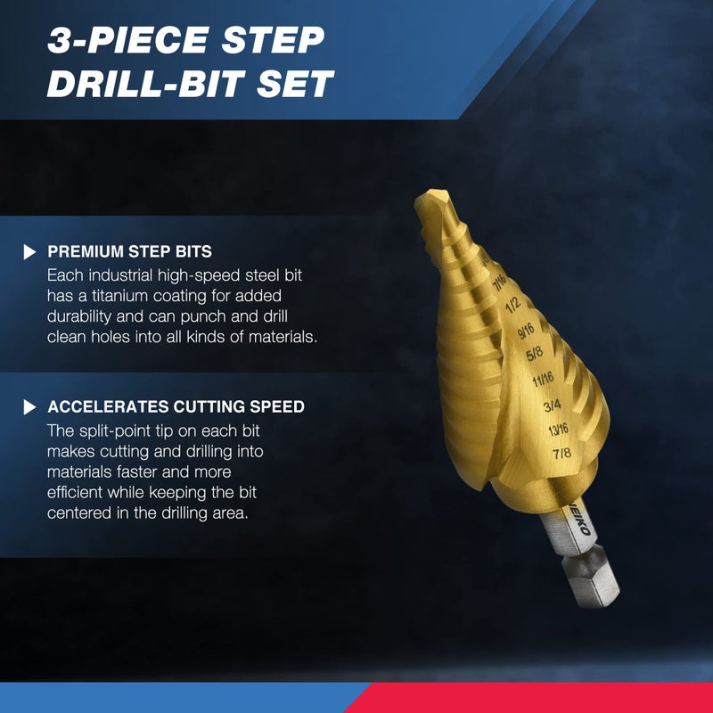NEIKO 10181A Step Drill Bit Set, 3 Piece, Spiral Grooved for Faster Drilling, Step Bits for Stainless Steel, Metal, Wood, Plastic, Unibit Cone Drill Bits with 31 Step Sizes Total - Image 2