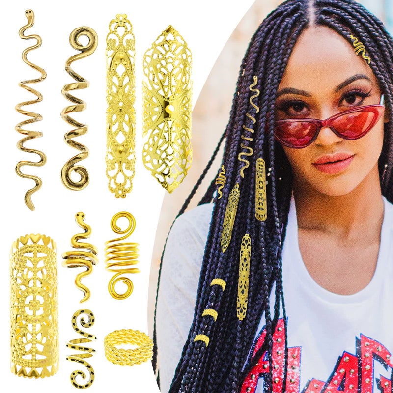 RechicGu 58 Pieces Hair Braids Dread Locs Jewelry Long Snake Swirl Filigree Dreadlocks Accessories Pirate Beard Tube Beads Cuff Rings Hair Decoration Gold