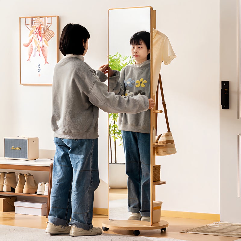 شاربدو مرآة طولية عتيقة التصميم تدور بزاوية 360 درجة مع رف للملابس، دوارات صامتة، تخزين متعدد الطبقات كامل الطول مرآة تخزين رف مع مرآة متكاملة غرفة المعيشة المنزل المنقولة الطابق الوقوف مرآة - Image 5