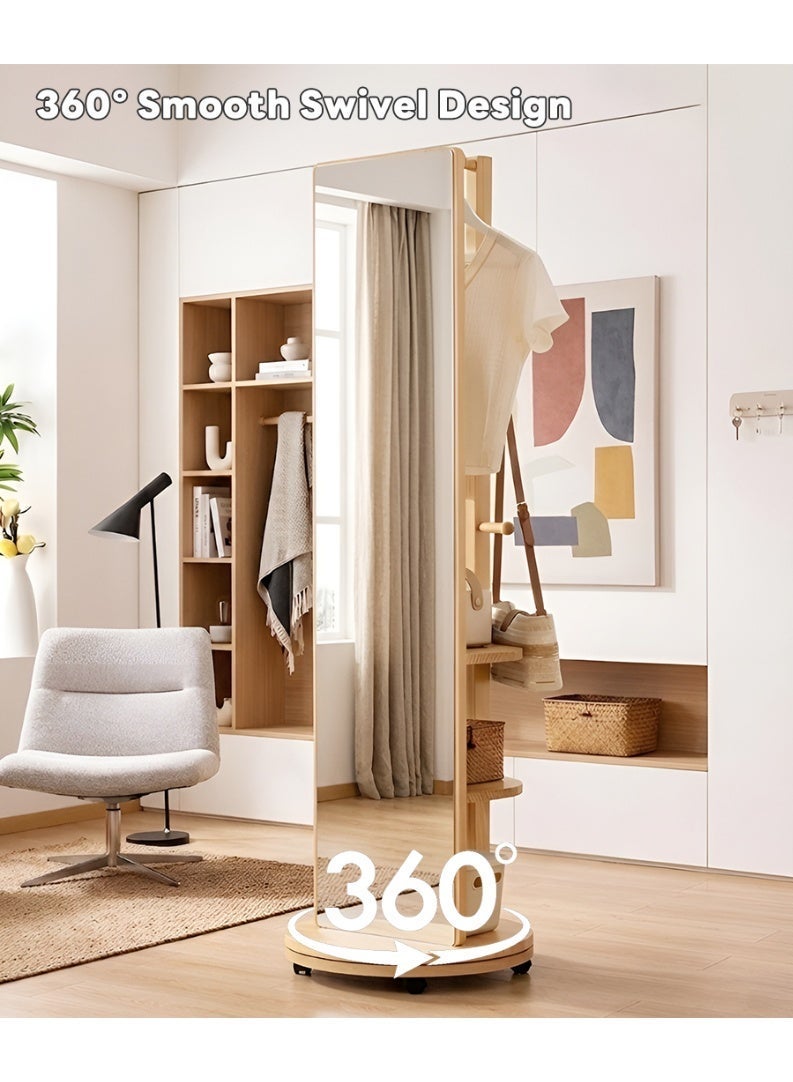 شاربدو مرآة طولية عتيقة التصميم تدور بزاوية 360 درجة مع رف للملابس، دوارات صامتة، تخزين متعدد الطبقات كامل الطول مرآة تخزين رف مع مرآة متكاملة غرفة المعيشة المنزل المنقولة الطابق الوقوف مرآة - Image 3