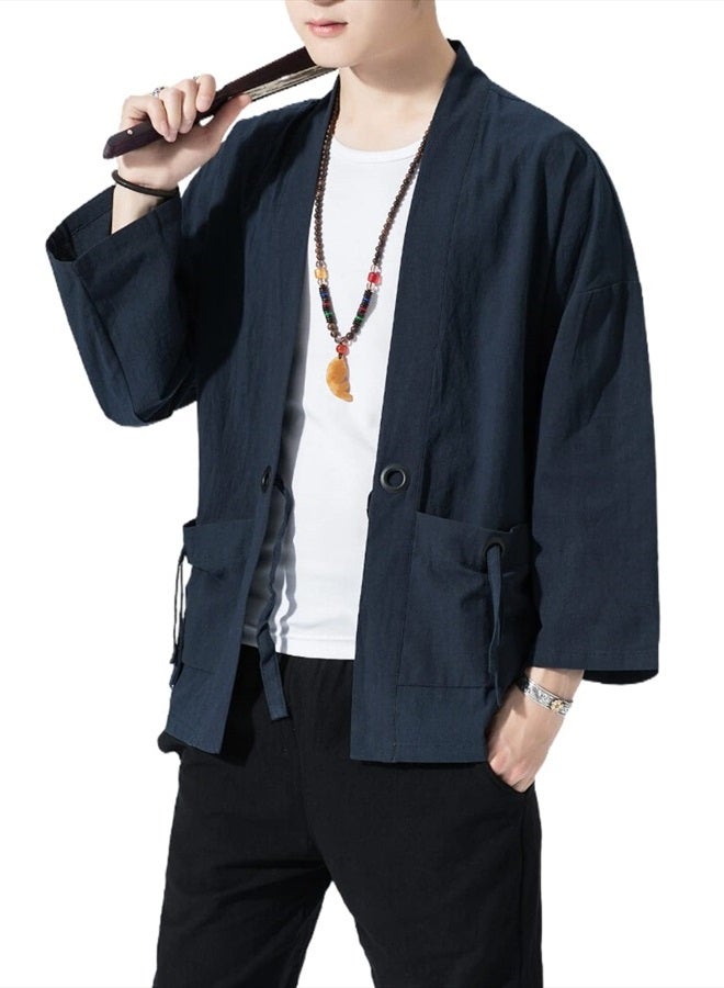 Ambcol Men's Japanese Kimono Cardigan Loose Cotton Linen 3/4 Sleeve Open Front Casual Summer Shirt Jackets 01- Navy Blue Medium  - Image 2