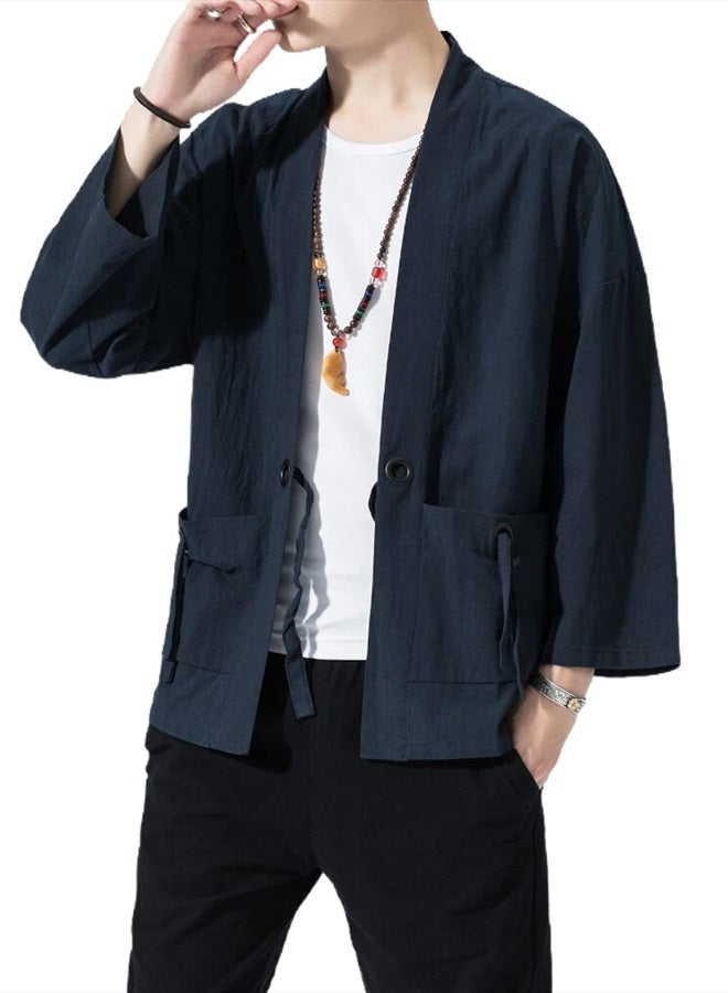 Ambcol Men's Japanese Kimono Cardigan Loose Cotton Linen 3/4 Sleeve Open Front Casual Summer Shirt Jackets 01- Navy Blue Medium  - Image 4
