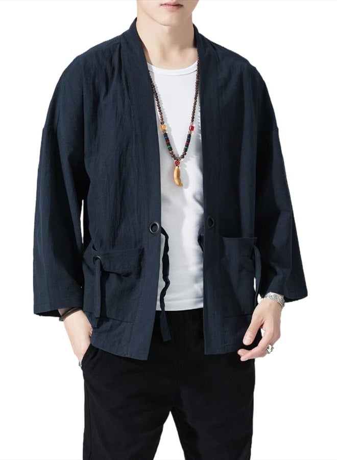 Ambcol Men's Japanese Kimono Cardigan Loose Cotton Linen 3/4 Sleeve Open Front Casual Summer Shirt Jackets 01- Navy Blue Medium  - Image 5