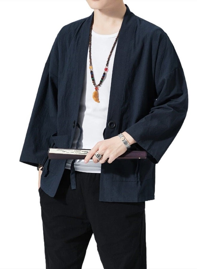 Ambcol Men's Japanese Kimono Cardigan Loose Cotton Linen 3/4 Sleeve Open Front Casual Summer Shirt Jackets 01- Navy Blue Medium  - Image 3