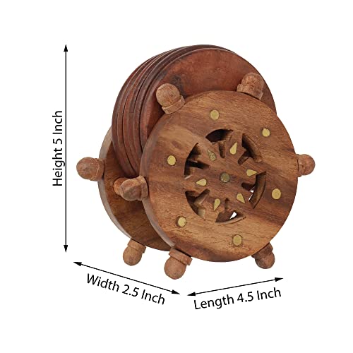 CRAFTHUT Handmade Round Wooden Tea Coaster with Holder - (Set of 6 Plate) Drink Coaster Suitable for Any Hot and Cold Drinks for Home Dining Table (Brown Color, 4.5 * 2.5 * 5 Inch) - Image 3