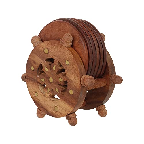 CRAFTHUT Handmade Round Wooden Tea Coaster with Holder - (Set of 6 Plate) Drink Coaster Suitable for Any Hot and Cold Drinks for Home Dining Table (Brown Color, 4.5 * 2.5 * 5 Inch) - Image 4