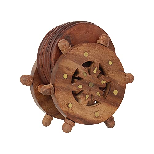 CRAFTHUT Handmade Round Wooden Tea Coaster with Holder - (Set of 6 Plate) Drink Coaster Suitable for Any Hot and Cold Drinks for Home Dining Table (Brown Color, 4.5 * 2.5 * 5 Inch) - Image 1