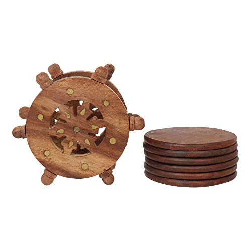 CRAFTHUT Handmade Round Wooden Tea Coaster with Holder - (Set of 6 Plate) Drink Coaster Suitable for Any Hot and Cold Drinks for Home Dining Table (Brown Color, 4.5 * 2.5 * 5 Inch) - Image 2