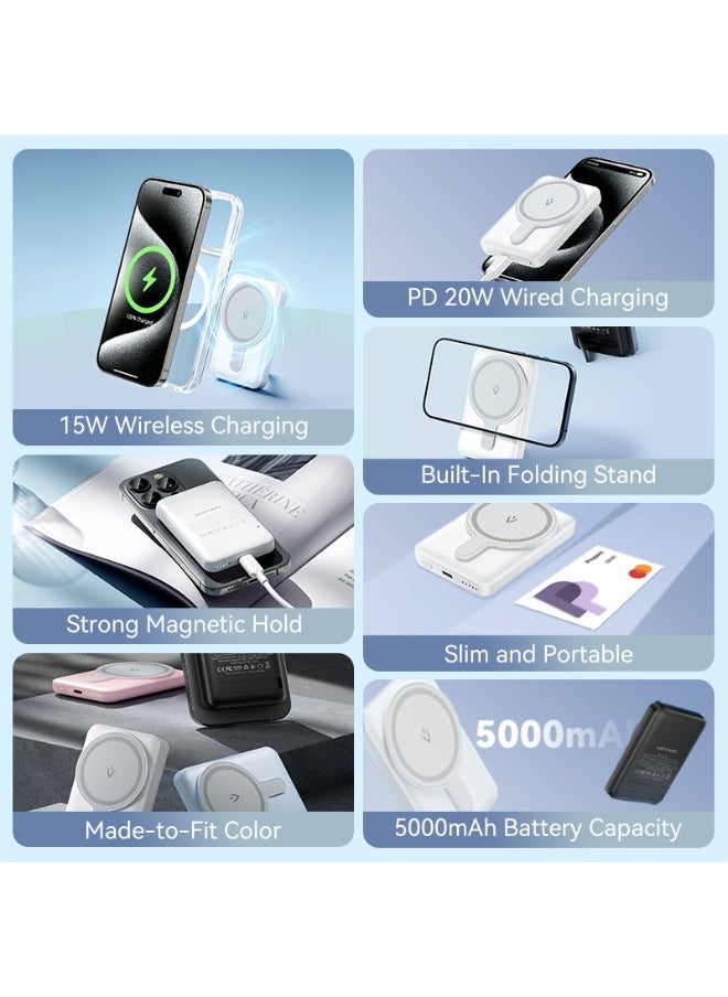 فينشن بنك طاقة لاسلكي مغناطيسي VENTION بسعة 5000 مللي أمبير في الساعة (USB-C + USB-C + لاسلكي) مؤشر ضوء وردي 20 وات نوع الموديل # FHSP0  - Image 2